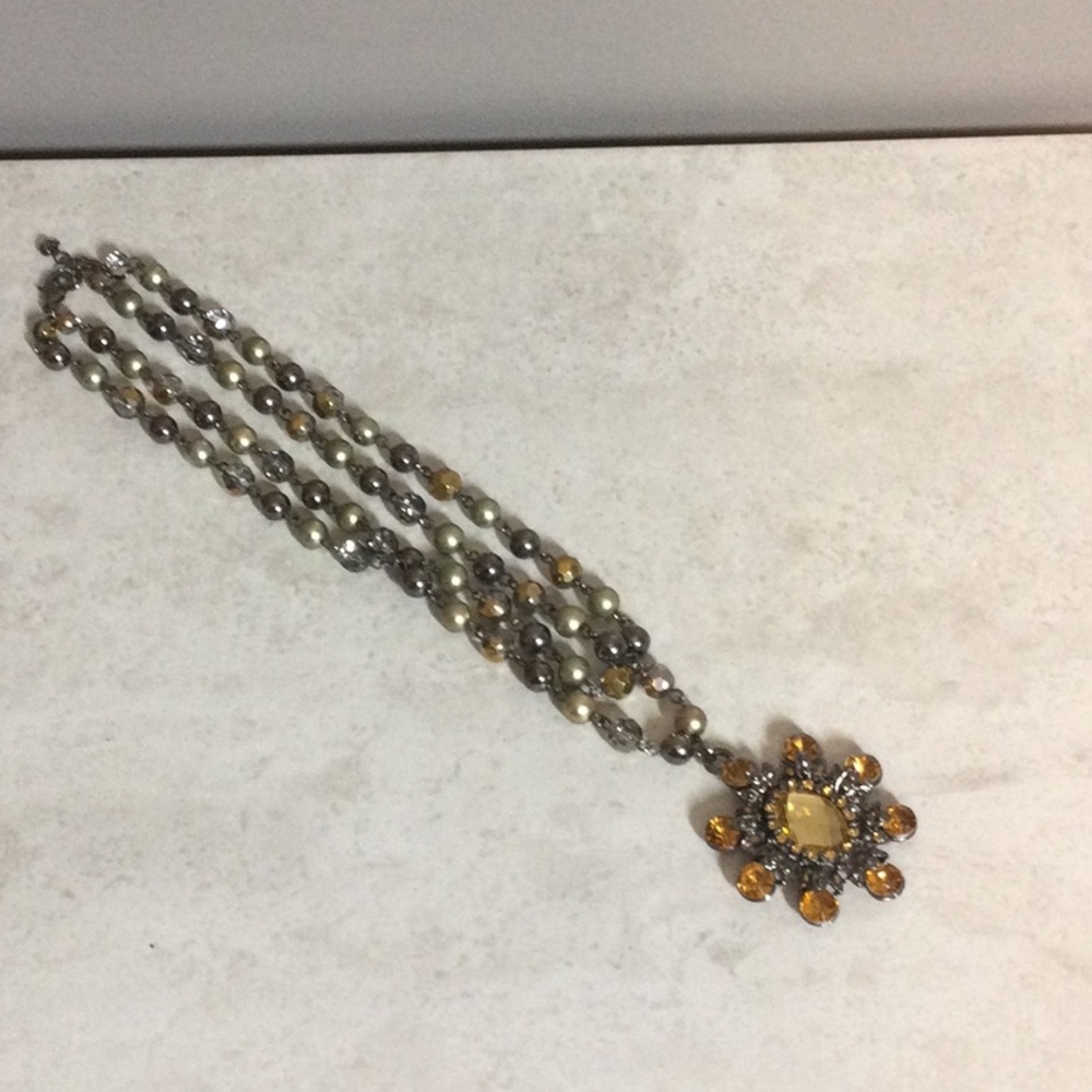 Amber flower pendant dual strand bead necklace